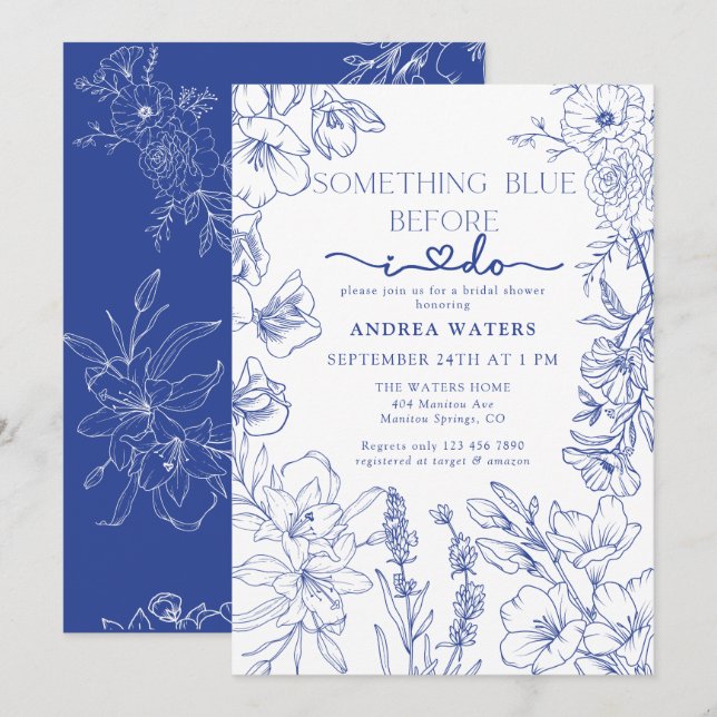 Blue and White Floral Bridal Shower  Invitation (Front/Back)