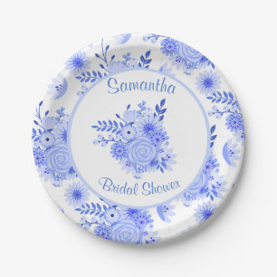 Blue and White Floral Bridal Shower Paper Plate