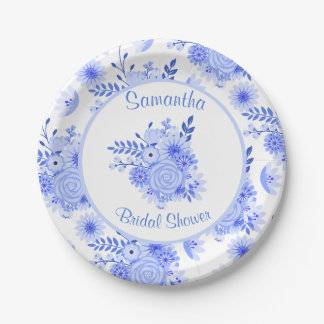 Blue and White Floral Bridal Shower Paper Plate