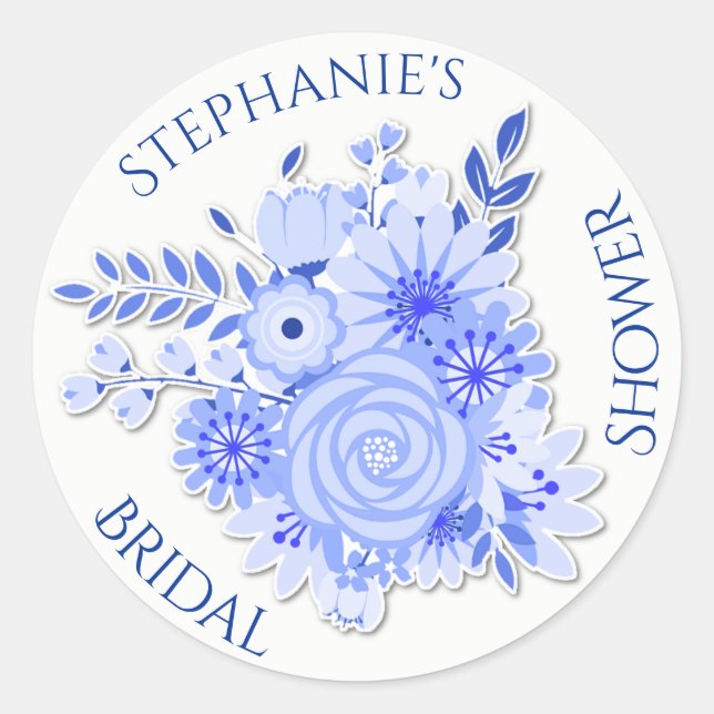 Blue and White Floral Bridal Shower Sticker (Front)
