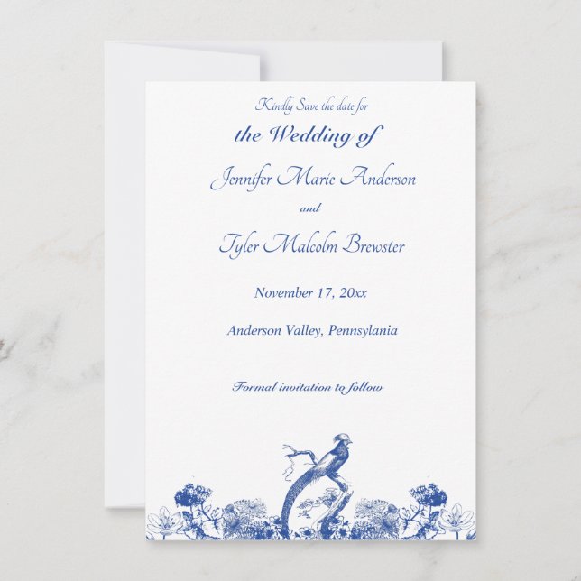Blue and White Floral China Pattern with Bird Invitation (Front)