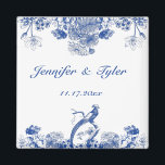 Blue and White Floral China Pattern with Bird Magnet<br><div class="desc">Create some personalised party favours that have the look of antique china. This fridge magnet is ready to be personalised with the names of the bride and groom and their wedding date or with your own custom message. It has a blue and white floral and bird motif that's made to...</div>