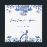 Blue and White Floral China Pattern with Bird Magnet<br><div class="desc">Create some personalised party favours that have the look of antique china. This fridge magnet is ready to be personalised with the names of the bride and groom and their wedding date or with your own custom message. It has a blue and white floral and bird motif that's made to...</div>