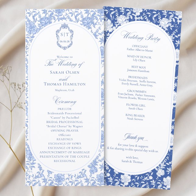 Blue and White Floral Chinoiserie Wedding Program (Creator Uploaded)