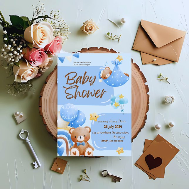 Blue and White Floral Christening Invitation (Creator Uploaded)