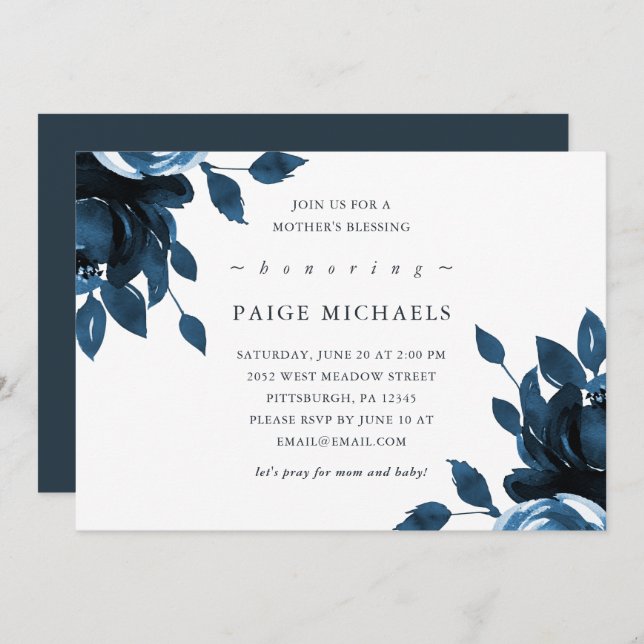 Blue and White Floral Christian Mother's Blessing Invitation (Front/Back)