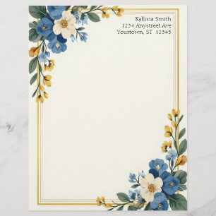 Blue and White Floral Corners Stationery Paper Custom Letterhead