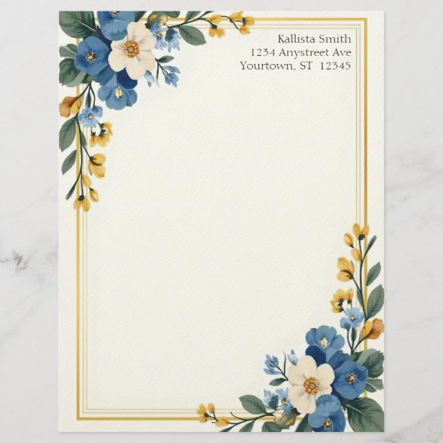 Blue and White Floral Corners Stationery Paper Custom Letterhead (Front)