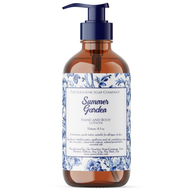 Blue and White Floral Cosmetics Bottle Label (Creator Uploaded)