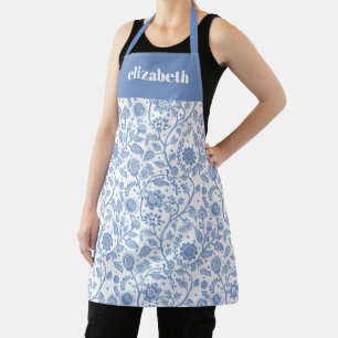Blue and White Floral Custom Name Botanical Bold Apron