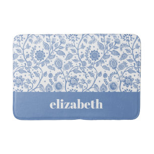 Blue and White Floral Custom Name Botanical Modern Bath Mat