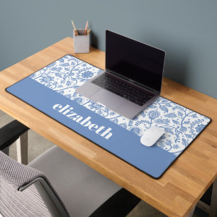 Blue and White Floral Custom Name Botanical Modern Desk Mat