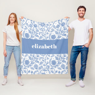 Blue and White Floral Custom Name Botanical Modern Fleece Blanket
