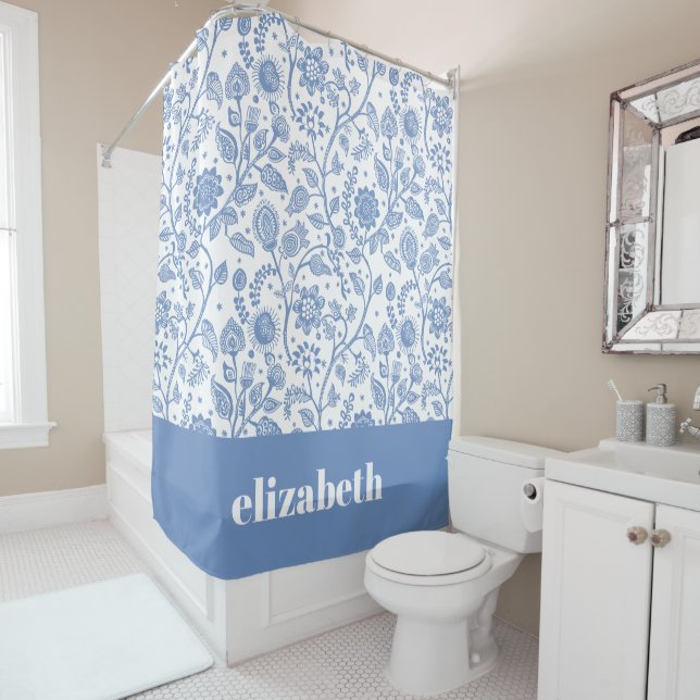 Blue and White Floral Custom Name Botanical Modern Shower Curtain (In Situ)