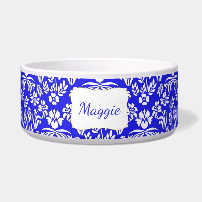 Blue and White Floral Damask Custom Pet Bowl (Front)