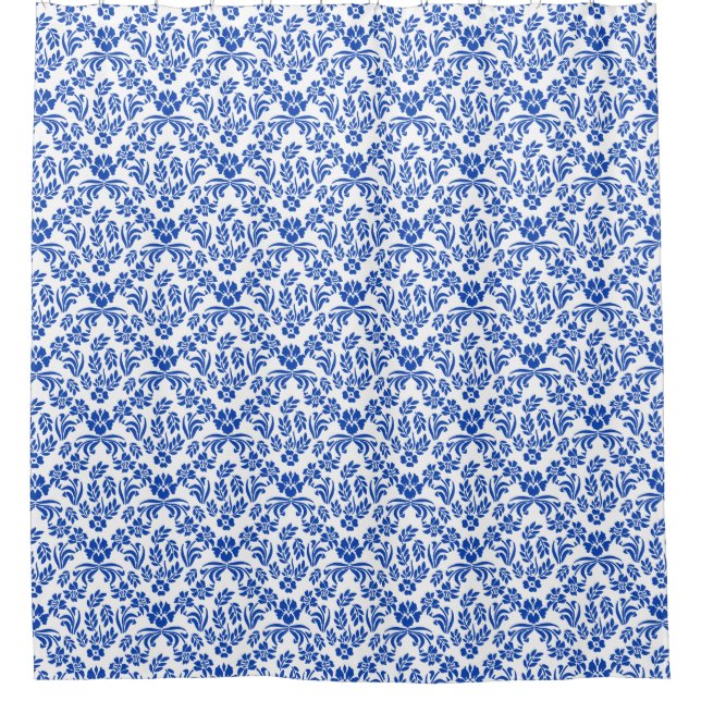 Blue and White Floral Damask Shower Curtain (Front)