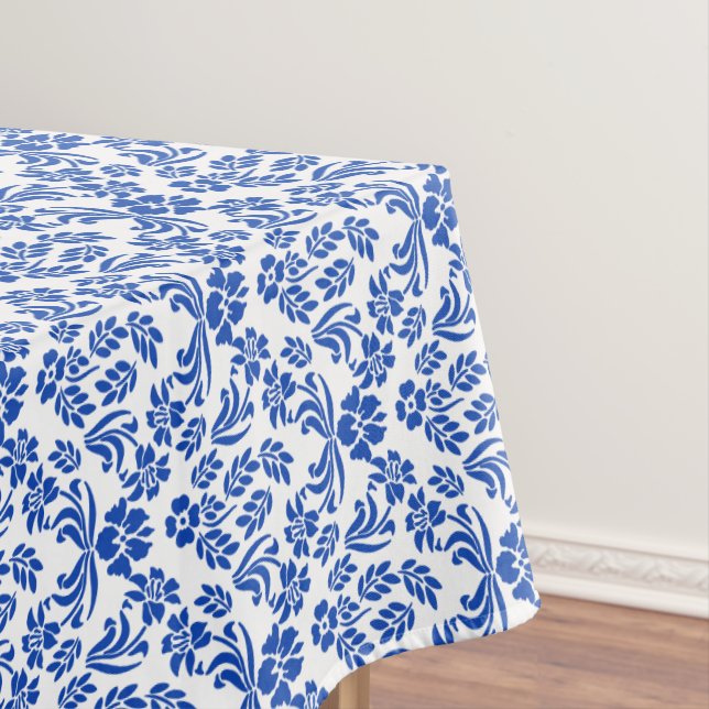 Blue and White Floral Damask Table Cloth (In Situ)
