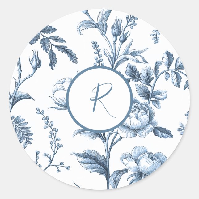 Blue and white floral design classic round sticker (Front)