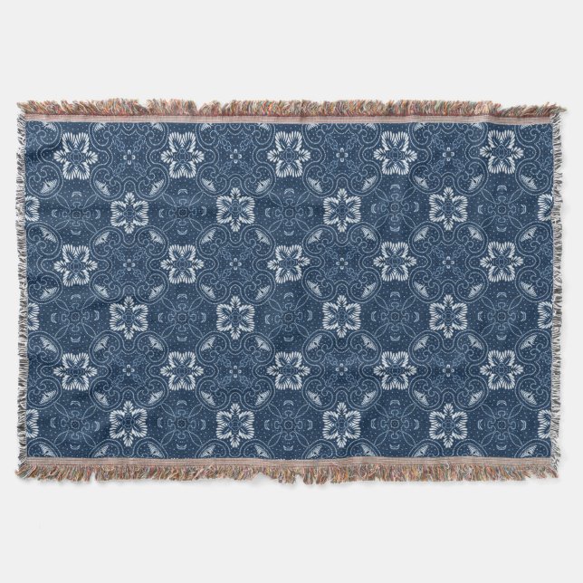 Blue and White Floral Design Throw Blanket (Front)