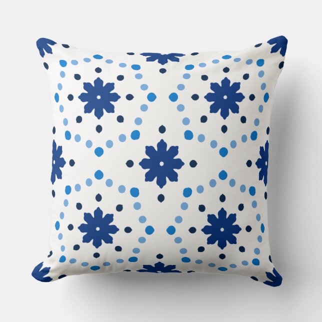 Blue and White Floral Dot Pattern Cushion (Front)