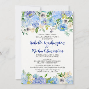 Blue and White Floral Engagement Party Invitation