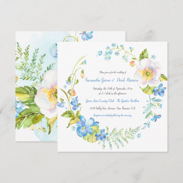 Blue and White Floral Fantasy Wreath Wedding Invitation (Front/Back)
