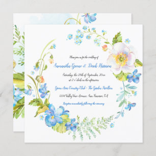 Blue and White Floral Fantasy Wreath Wedding Invitation