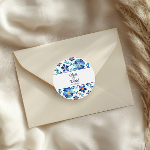 Blue and White Floral Fiesta Wedding  Classic Round Sticker
