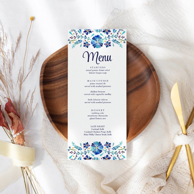 Blue and White Floral Fiesta Wedding Menu Card (Blue and White Floral Fiesta Wedding Menu Card on a boho wedding table.)