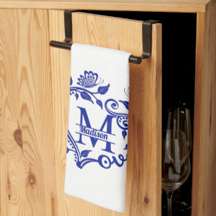 Blue and White Floral Monogram M  Tea Towel