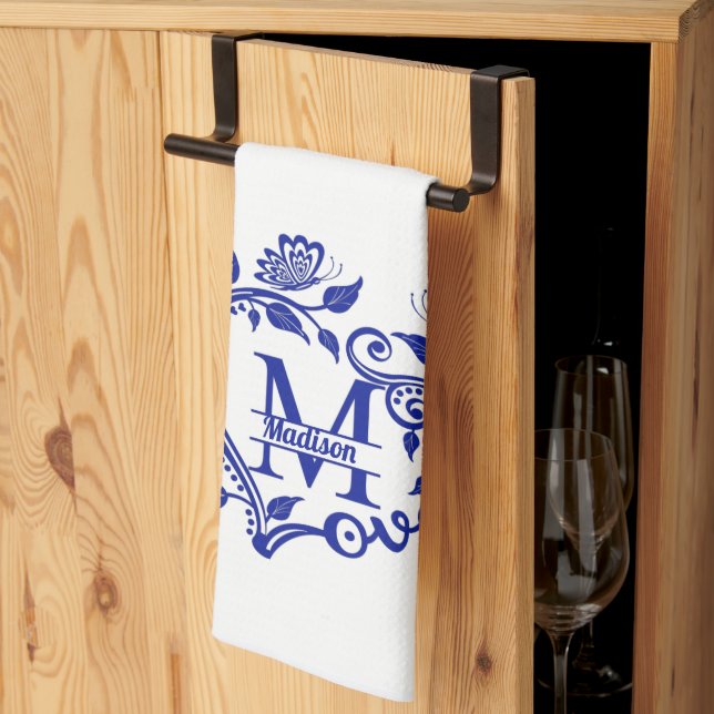 Blue and White Floral Monogram M  Tea Towel (Thirds Fold)