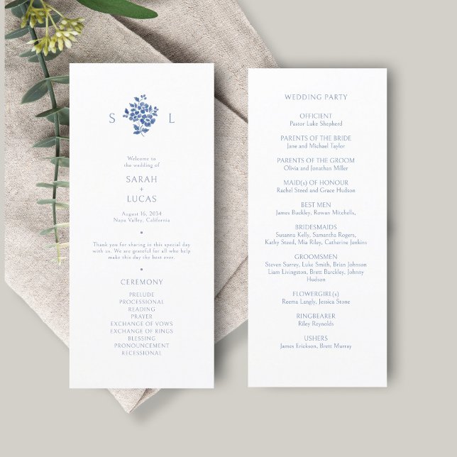 Blue and White | Floral Monogram Wedding Program Menu (Creator Uploaded)