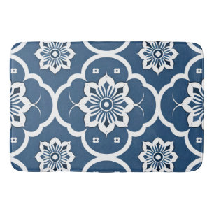 Blue and White floral Mosaic pattern Bath Mat