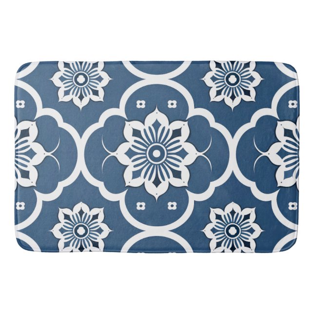 Blue and White floral Mosaic pattern Bath Mat (Front)