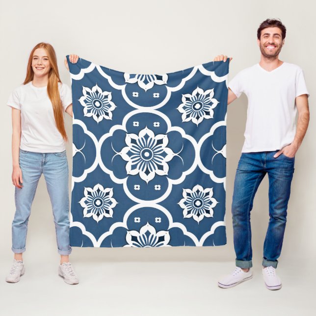 Blue and White floral Mosaic pattern Fleece Blanket (In Situ)