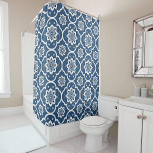 Blue and White floral Mosaic pattern Shower Curtain