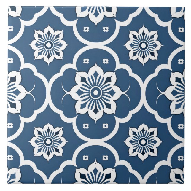 Blue and White floral Mosaic pattern Tile (Front)
