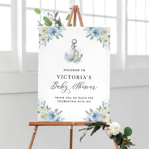 Blue and White Floral Nautical Baby Shower Welcome Poster