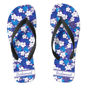 Blue and White Floral Pattern Wedding Bridesmaid Flip Flops