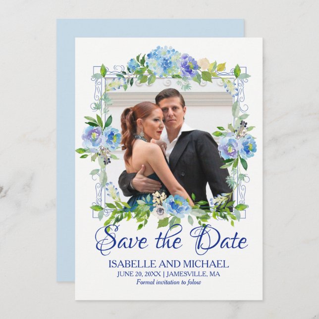 Blue and White Floral Photo Save the Date Card (Front/Back)