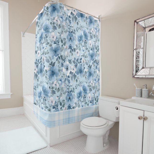 Blue and White Floral Plaid Shower Curtain (In Situ)