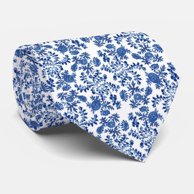 Blue and White Floral Print Tie (Rolled)