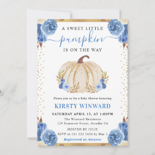 Blue and White Floral Pumpkin Fall Baby Shower Invitation