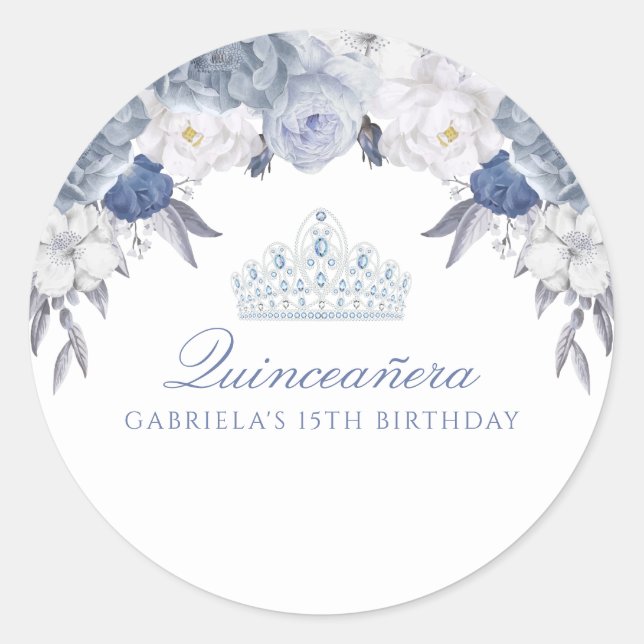 Blue and White Floral Quinceanera Classic Round Sticker (Front)