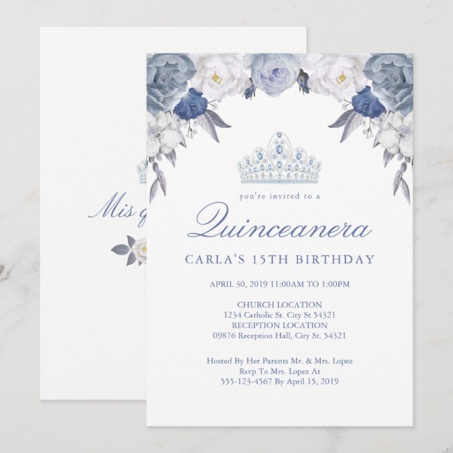 Blue and White Floral | Quinceanera Invitations (Front/Back)