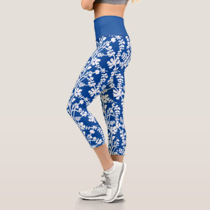 Blue And White Floral Repeating Pattern Capri Leggings