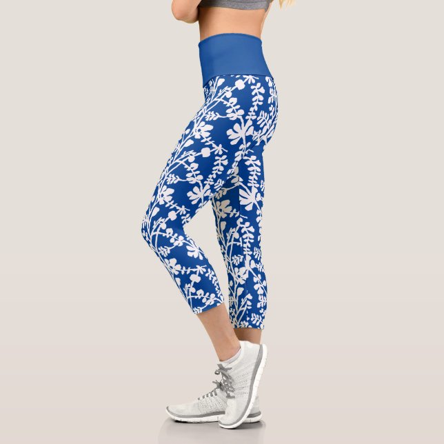 Blue And White Floral Repeating Pattern Capri Leggings (Left)