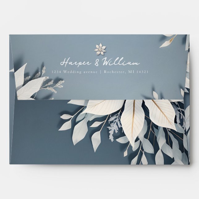 Blue and white floral return address wedding envelope (Back (Top Flap))