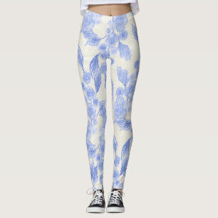 Blue and White Floral Rose Leggings