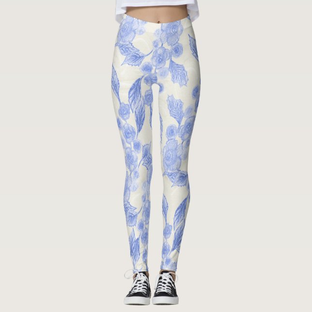 Blue and White Floral Rose Leggings (Front)